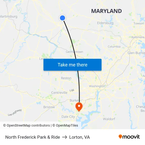 North Frederick Park & Ride to Lorton, VA map