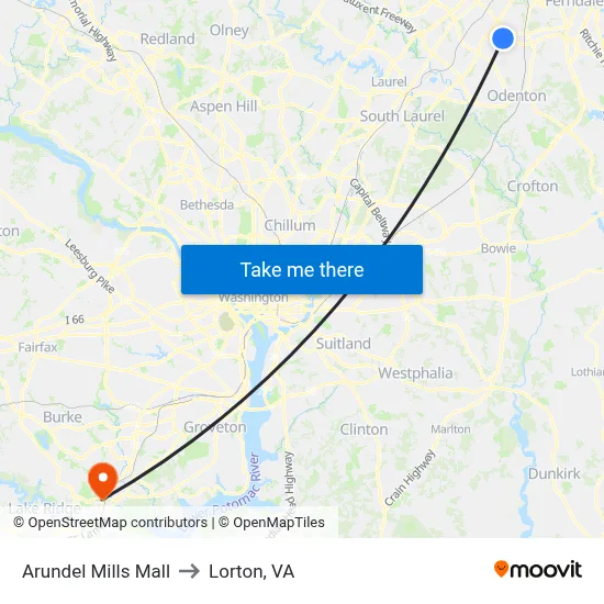 Arundel Mills Mall to Lorton, VA map