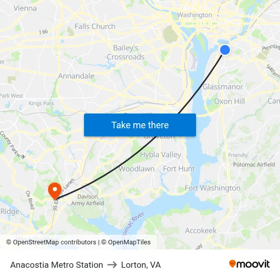Anacostia Metro Station to Lorton, VA map