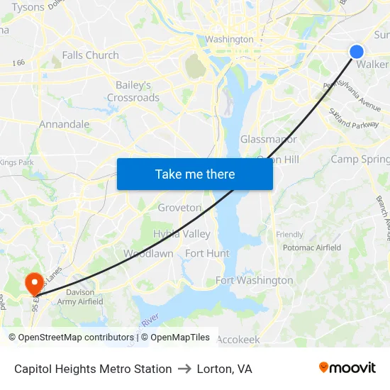 Capitol Heights Metro Station to Lorton, VA map