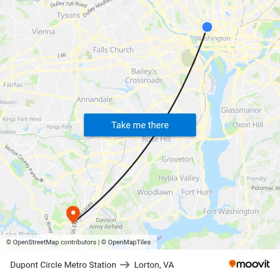 Dupont Circle Metro Station to Lorton, VA map