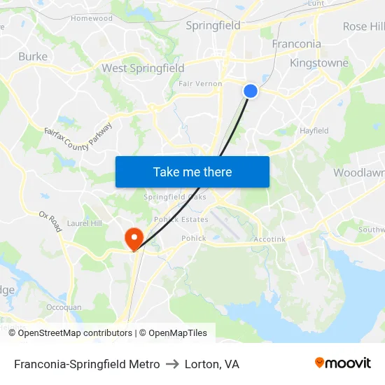 Franconia-Springfield Metro to Lorton, VA map