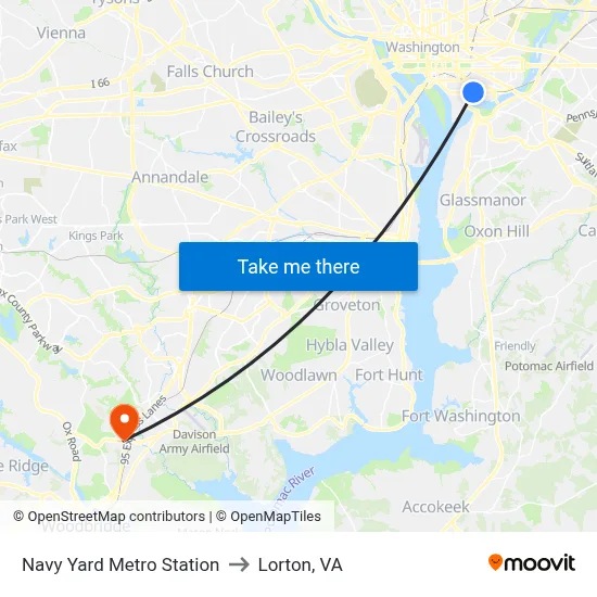 Navy Yard Metro Station to Lorton, VA map