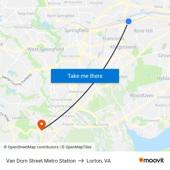 Van Dorn Street Metro Station to Lorton, VA map