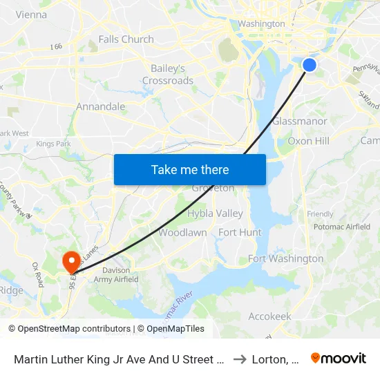 Martin Luther King Jr Ave And U Street SE to Lorton, VA map