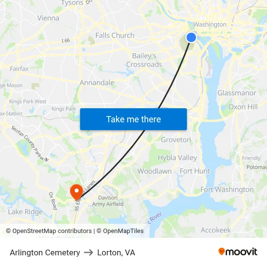 Arlington Cemetery to Lorton, VA map