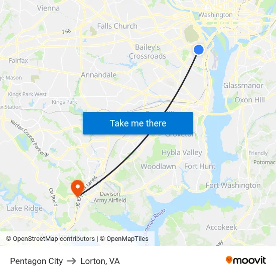 Pentagon City to Lorton, VA map