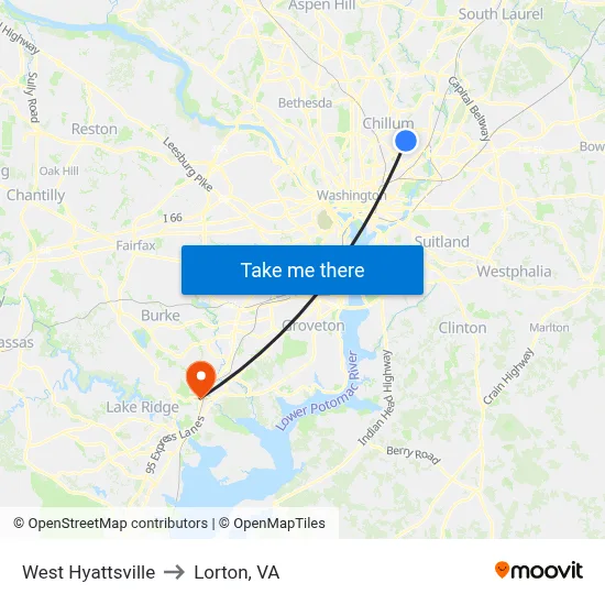 West Hyattsville to Lorton, VA map