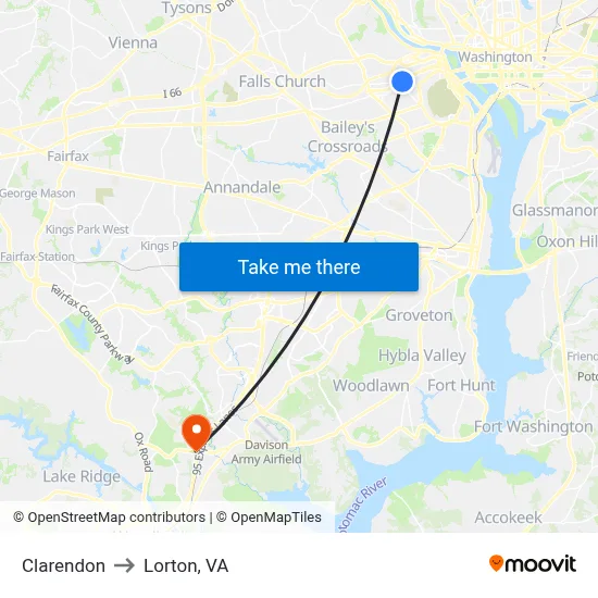 Clarendon to Lorton, VA map