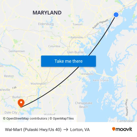 Wal-Mart (Pulaski Hwy/Us 40) to Lorton, VA map