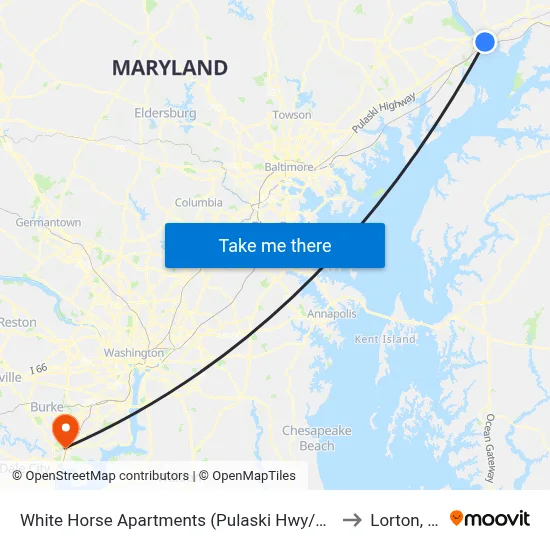 White Horse Apartments (Pulaski Hwy/Us 40) to Lorton, VA map