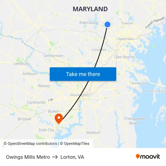Owings Mills Metro to Lorton, VA map