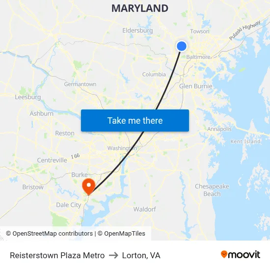 Reisterstown Plaza Metro to Lorton, VA map