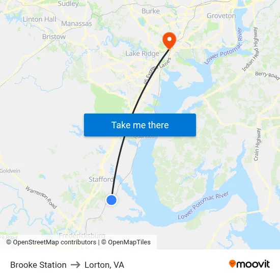 Brooke Station to Lorton, VA map
