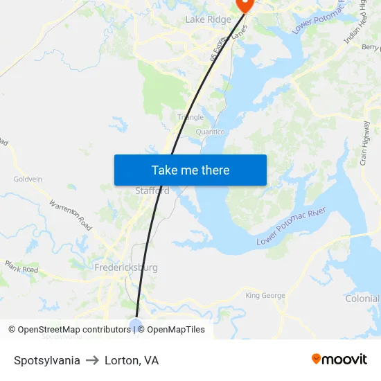 Spotsylvania to Lorton, VA map