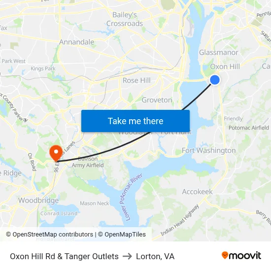Oxon Hill Rd & Tanger Outlets to Lorton, VA map