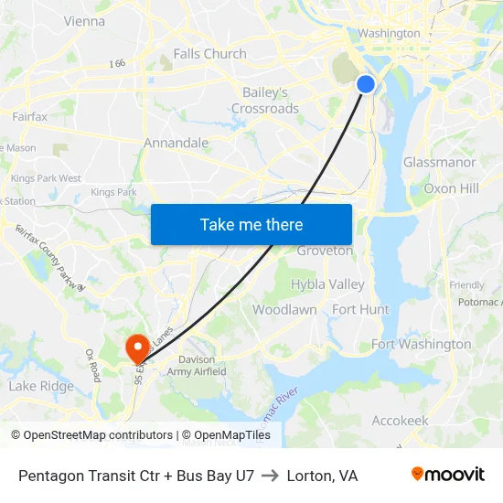 Pentagon Transit Ctr + Bus Bay U7 to Lorton, VA map