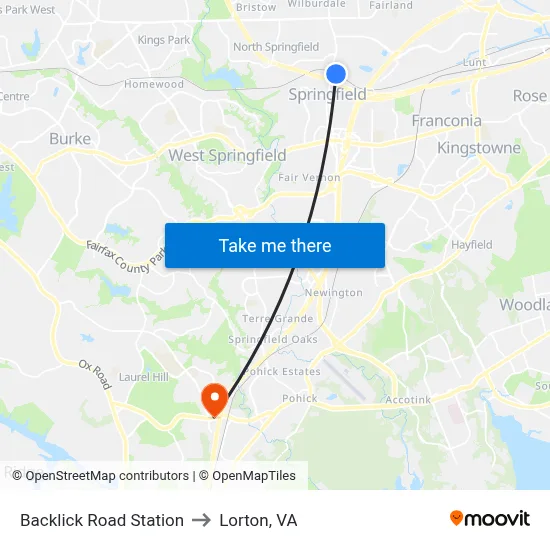 Backlick Road Station to Lorton, VA map