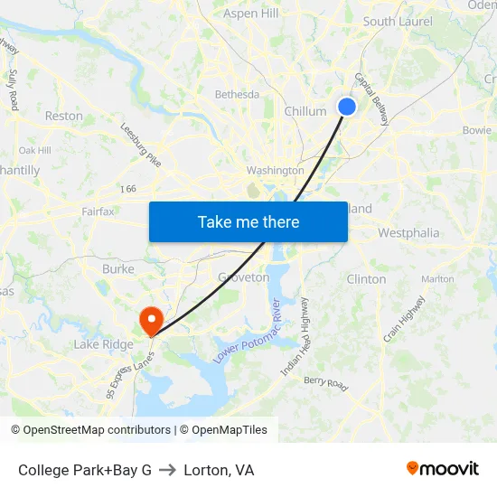 College Park+Bay G to Lorton, VA map