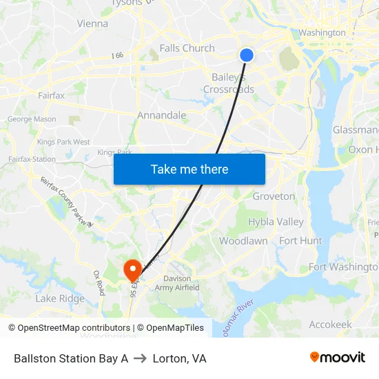 Ballston Station Bay A to Lorton, VA map