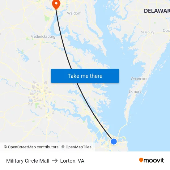 Military Circle Mall to Lorton, VA map