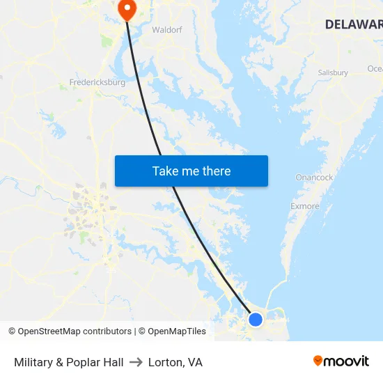 Military & Poplar Hall to Lorton, VA map