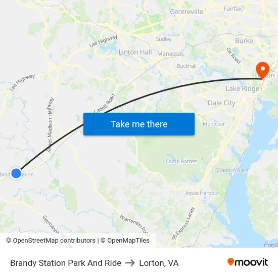Brandy Station Park And Ride to Lorton, VA map