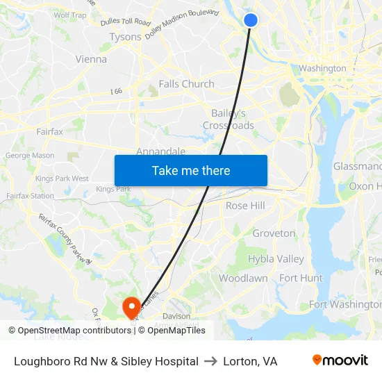 Loughboro Rd Nw & Sibley Hospital to Lorton, VA map