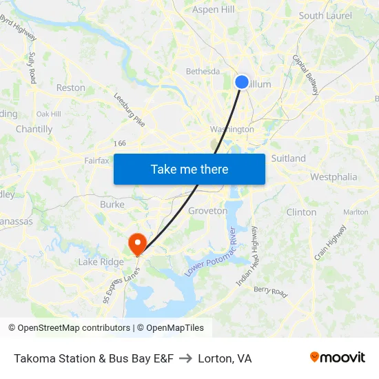 Takoma Station & Bus Bay E&F to Lorton, VA map