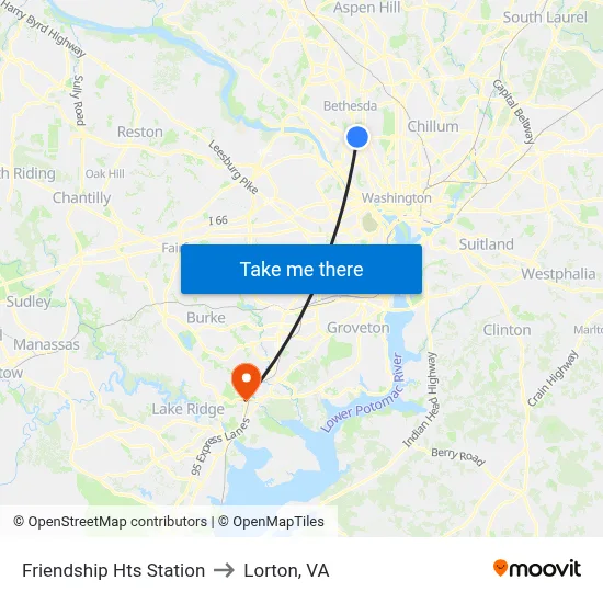 Friendship Hts Station to Lorton, VA map