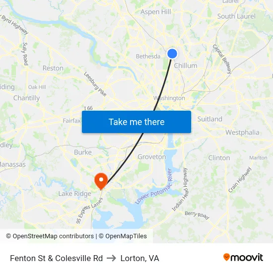 Fenton St & Colesville Rd to Lorton, VA map