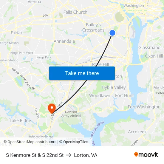 S Kenmore St & S 22nd St to Lorton, VA map