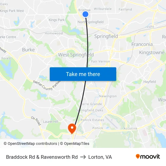 Braddock Rd & Ravensworth Rd to Lorton, VA map