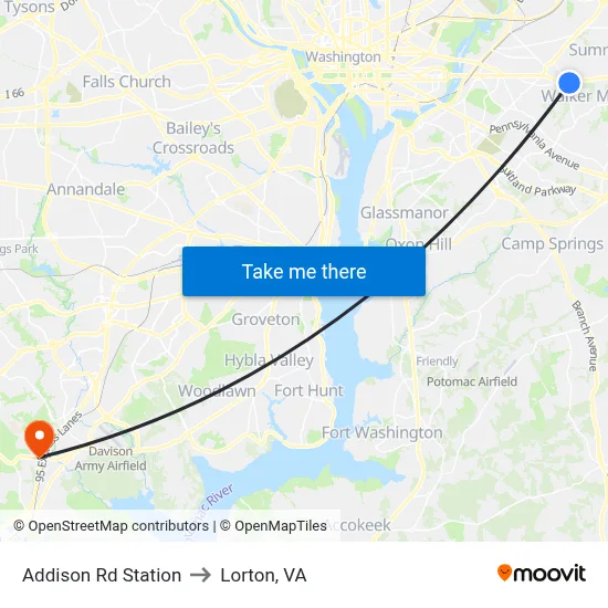 Addison Rd Station to Lorton, VA map