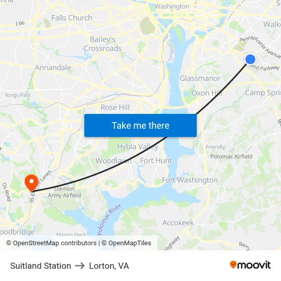 Suitland Station to Lorton, VA map