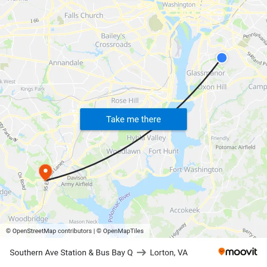 Southern Ave Station & Bus Bay Q to Lorton, VA map