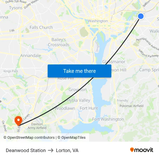 Deanwood Station to Lorton, VA map