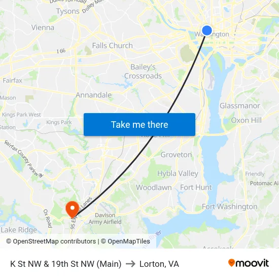 K St NW & 19th St NW (Main) to Lorton, VA map