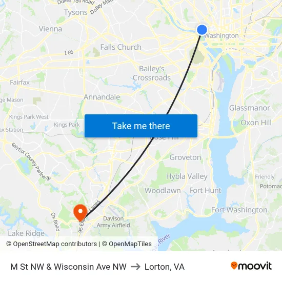 M St NW & Wisconsin Ave NW to Lorton, VA map