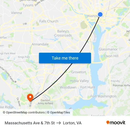 Massachusetts Ave & 7th St to Lorton, VA map