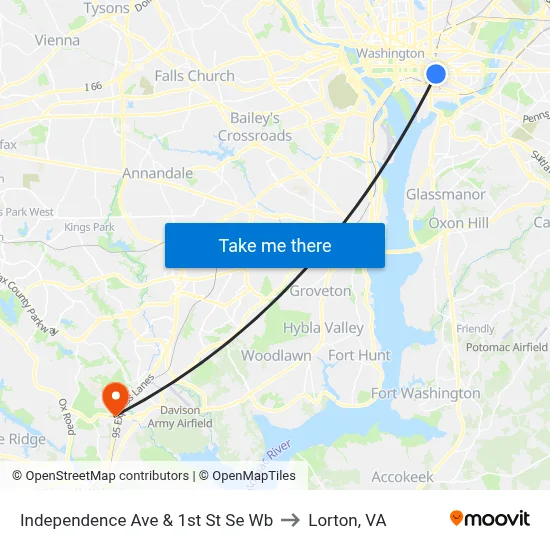 Independence Ave & 1st St Se Wb to Lorton, VA map