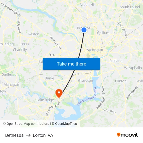 Bethesda to Lorton, VA map