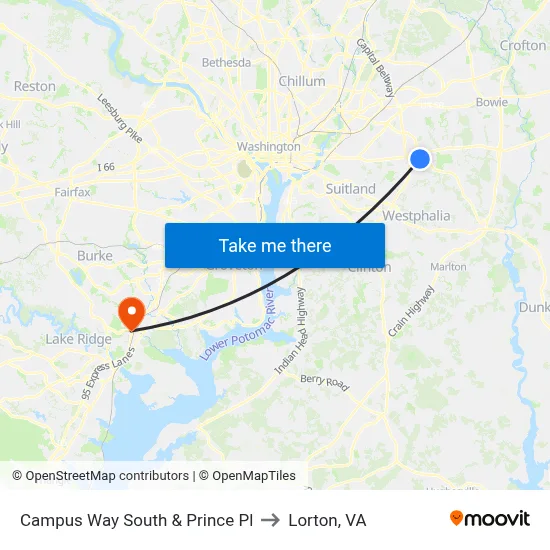 Campus Way South & Prince Pl to Lorton, VA map