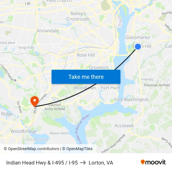 Indian Head Hwy & I-495 / I-95 to Lorton, VA map