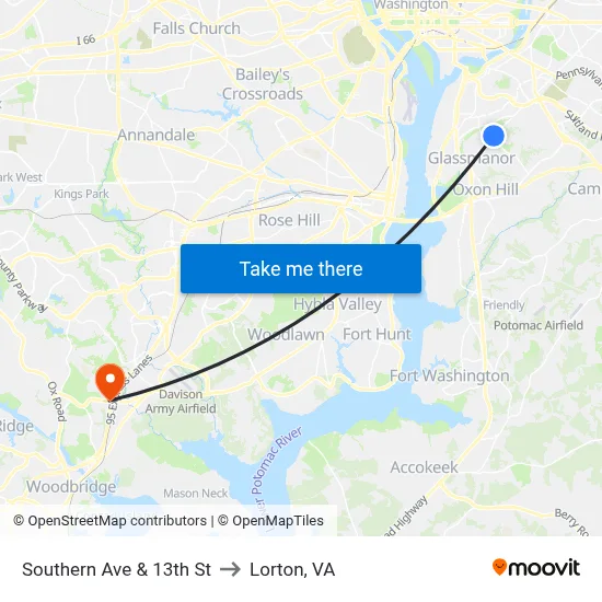 Southern Ave & 13th St to Lorton, VA map