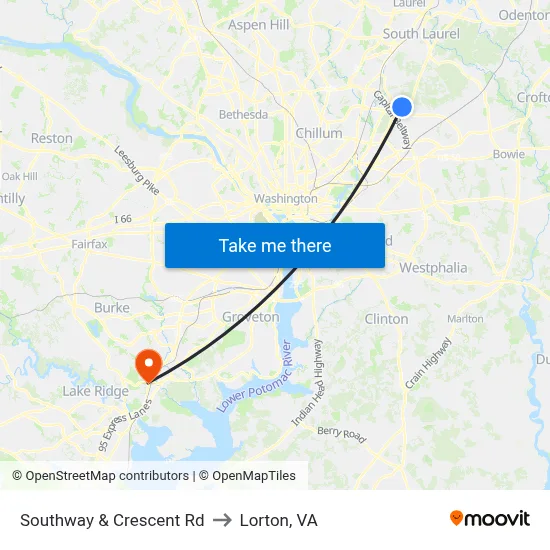 Southway & Crescent Rd to Lorton, VA map