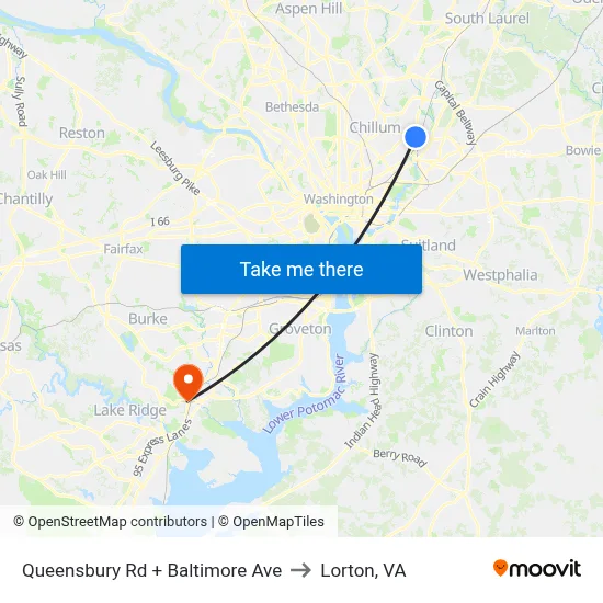 Queensbury Rd + Baltimore Ave to Lorton, VA map