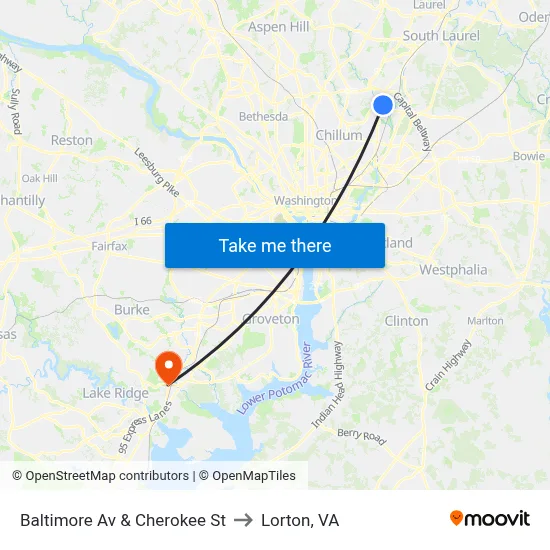 Baltimore Av & Cherokee St to Lorton, VA map