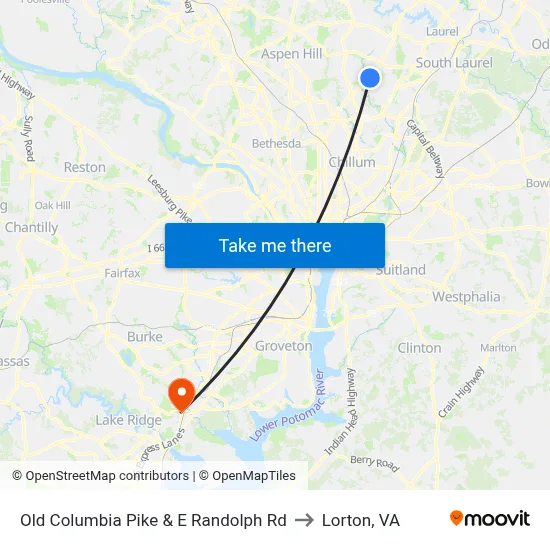 Old Columbia Pike & E Randolph Rd to Lorton, VA map