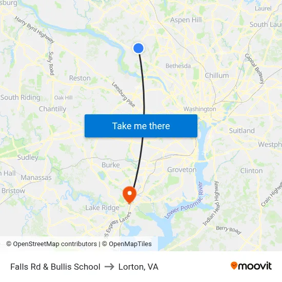 Falls Rd & Bullis School to Lorton, VA map